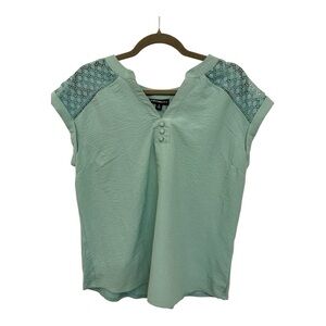 Fortune + Ivy Teal Green Lace Detail Blouse Short Sleeve Feminine Workwear M NWT